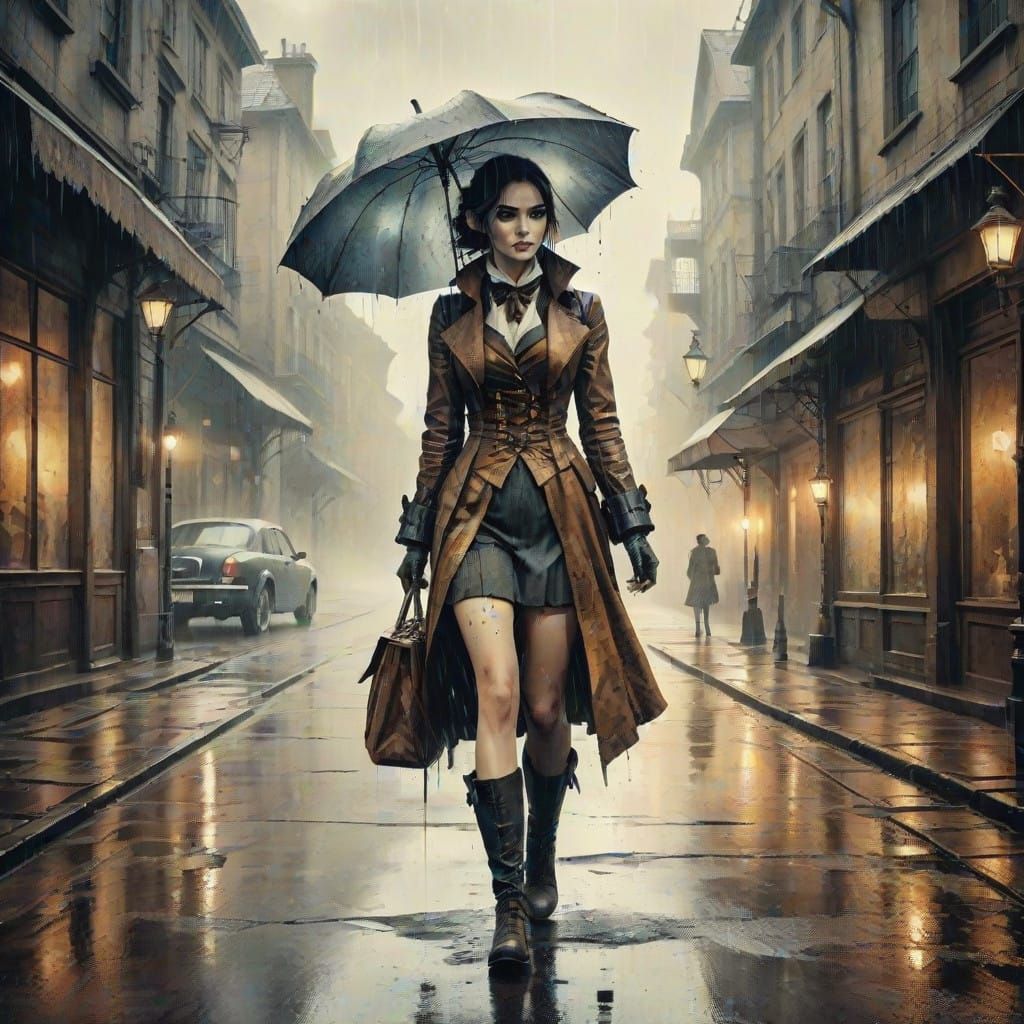 Girl Admires Steampunk City through Rainy European Street