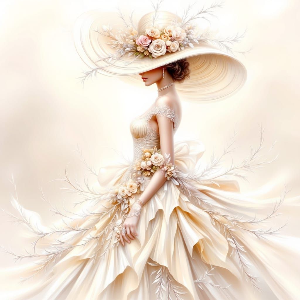 Elegant Woman in White and Gold Floral Dress