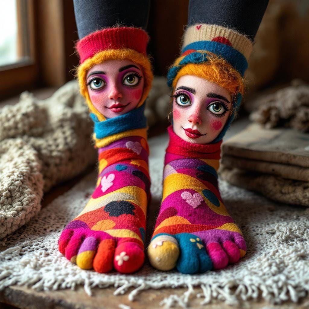 Handmade Felt Socks and Gloves with Whimsical Faces