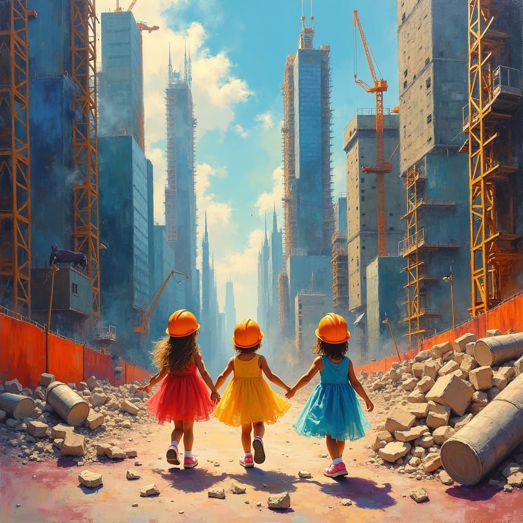 Girls Play on Construction Site: Gouache Impasto Painting