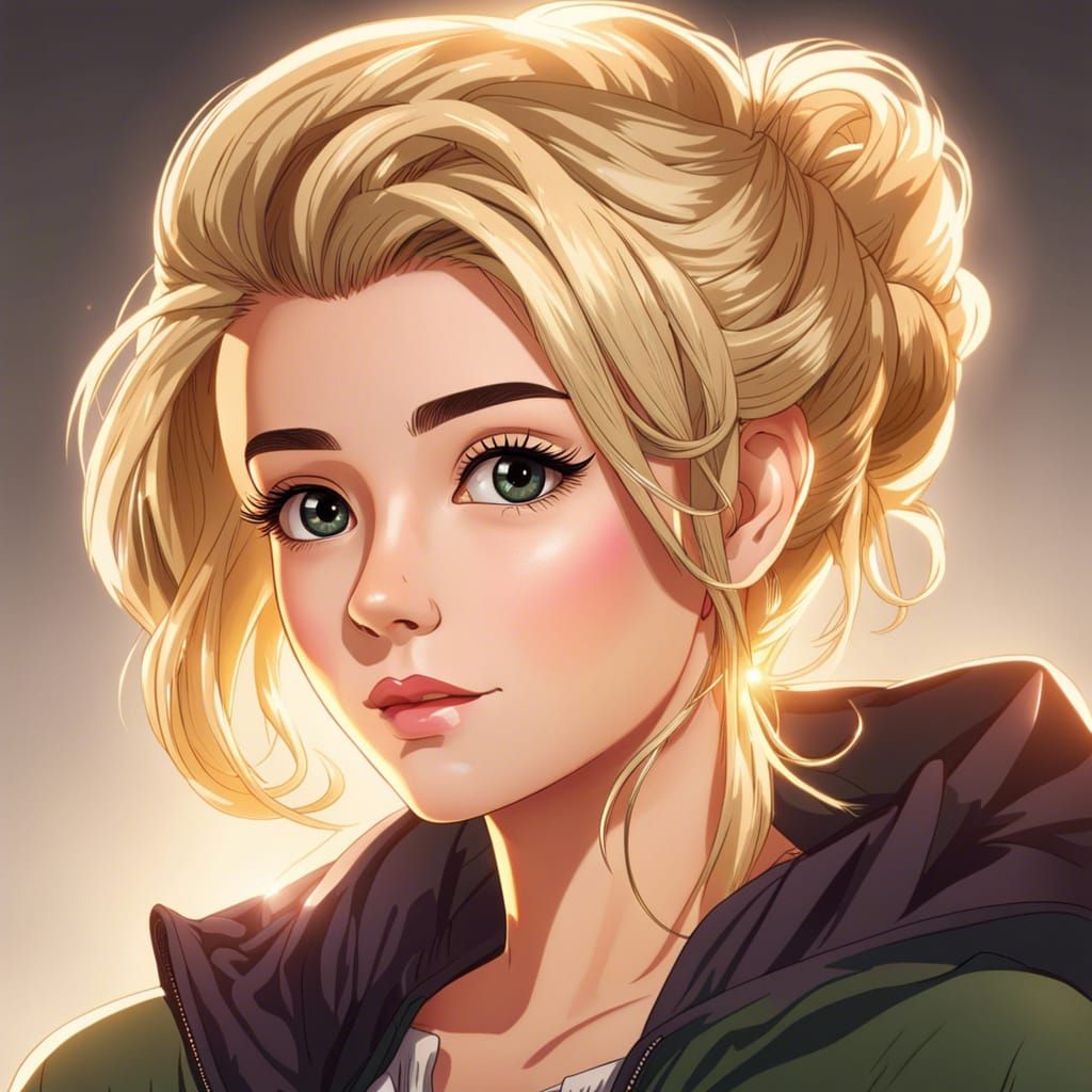 Anime Woman with Blonde Updo and Hazel Eyes