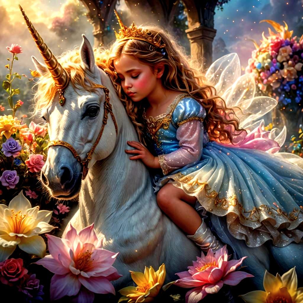 Baby Princess Sleeping with Unicorn: Hyperrealistic Fantasy