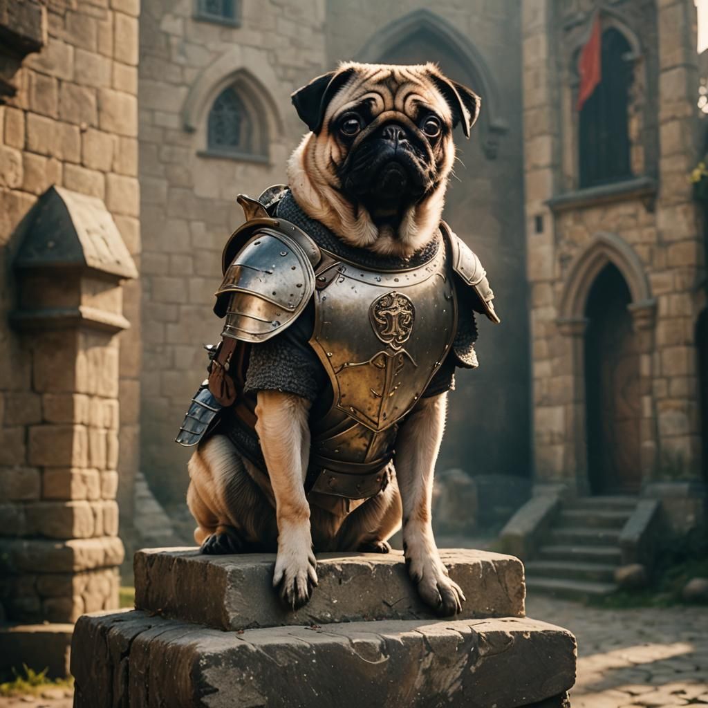 Heroic Pug in Armor on Stone Pedestal