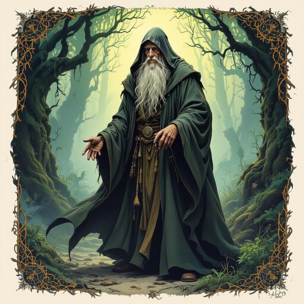 Mystical Wizard in Ancient Forest, Fantasy Art