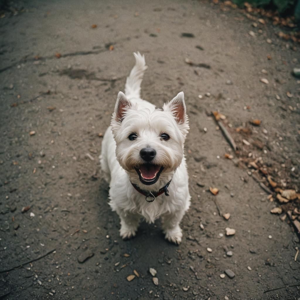 Smiling Westie in Cinematic Film Style