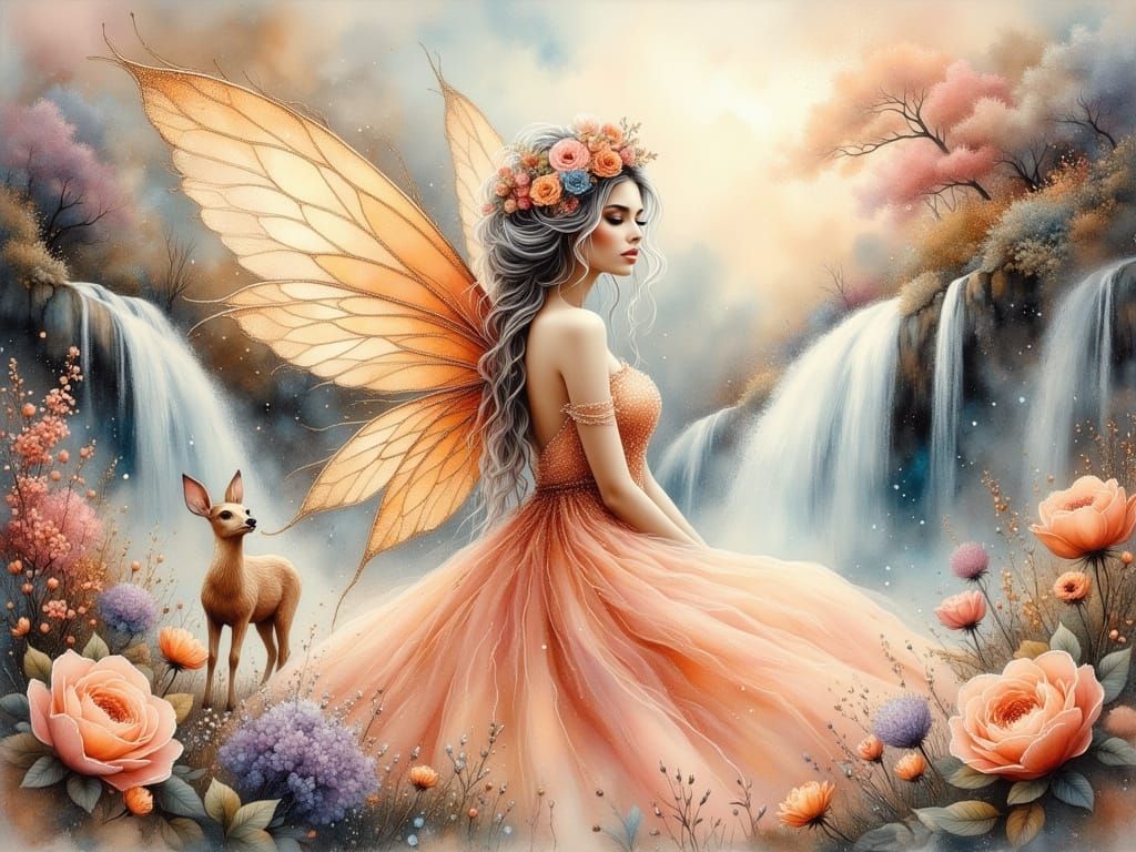 Happy Fairy with Baby Deer in Ethereal Garden