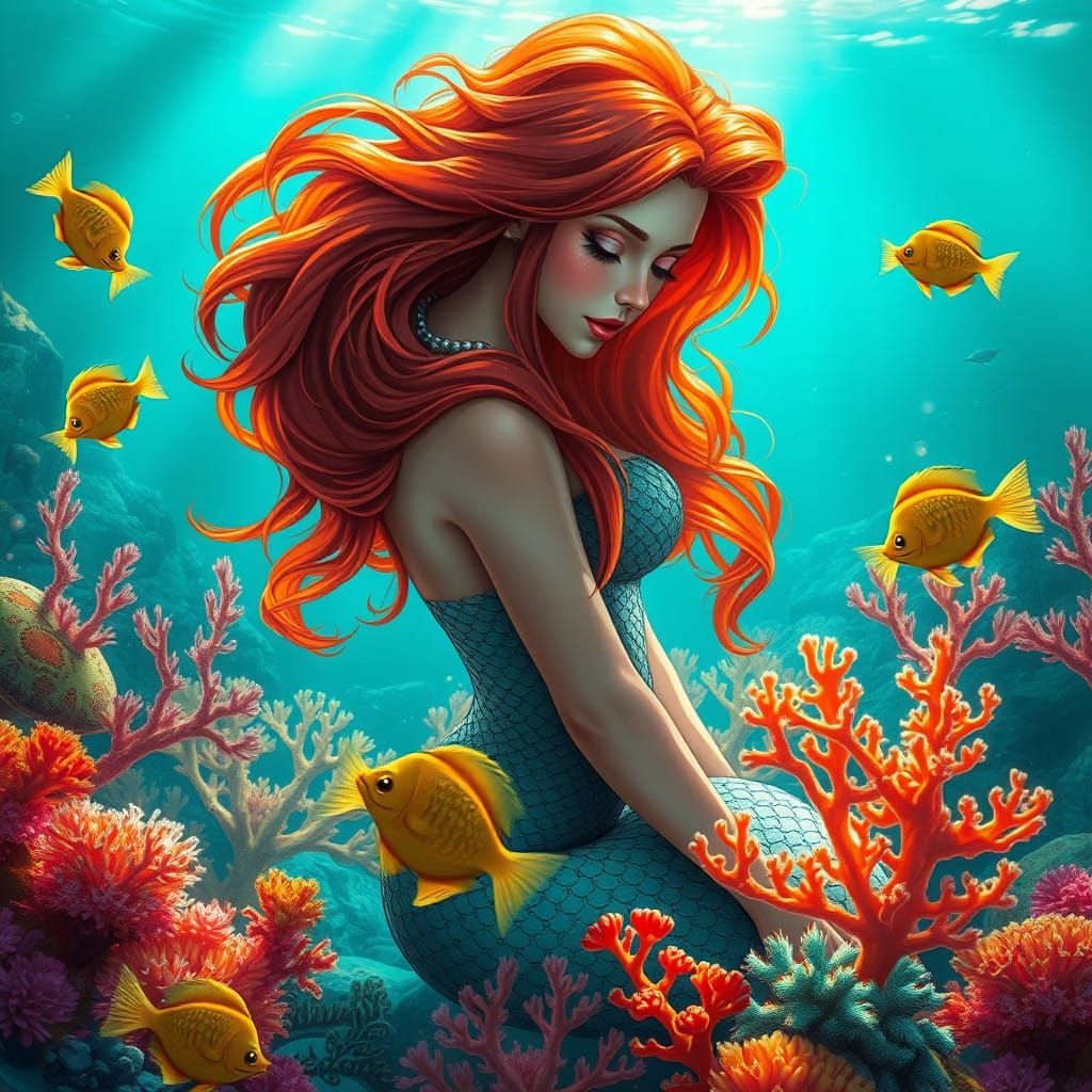 Vibrant Mermaid in Underwater Garden with Iridescent Scales....