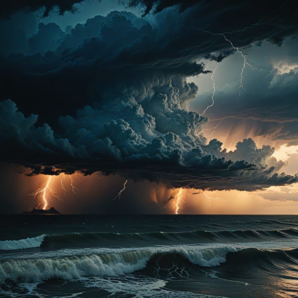 Dark squall line over ocean, multiple lightning strikes
