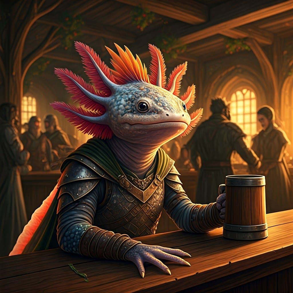Surrealistic Fantasy Tavern Scene with Axolotl Patron