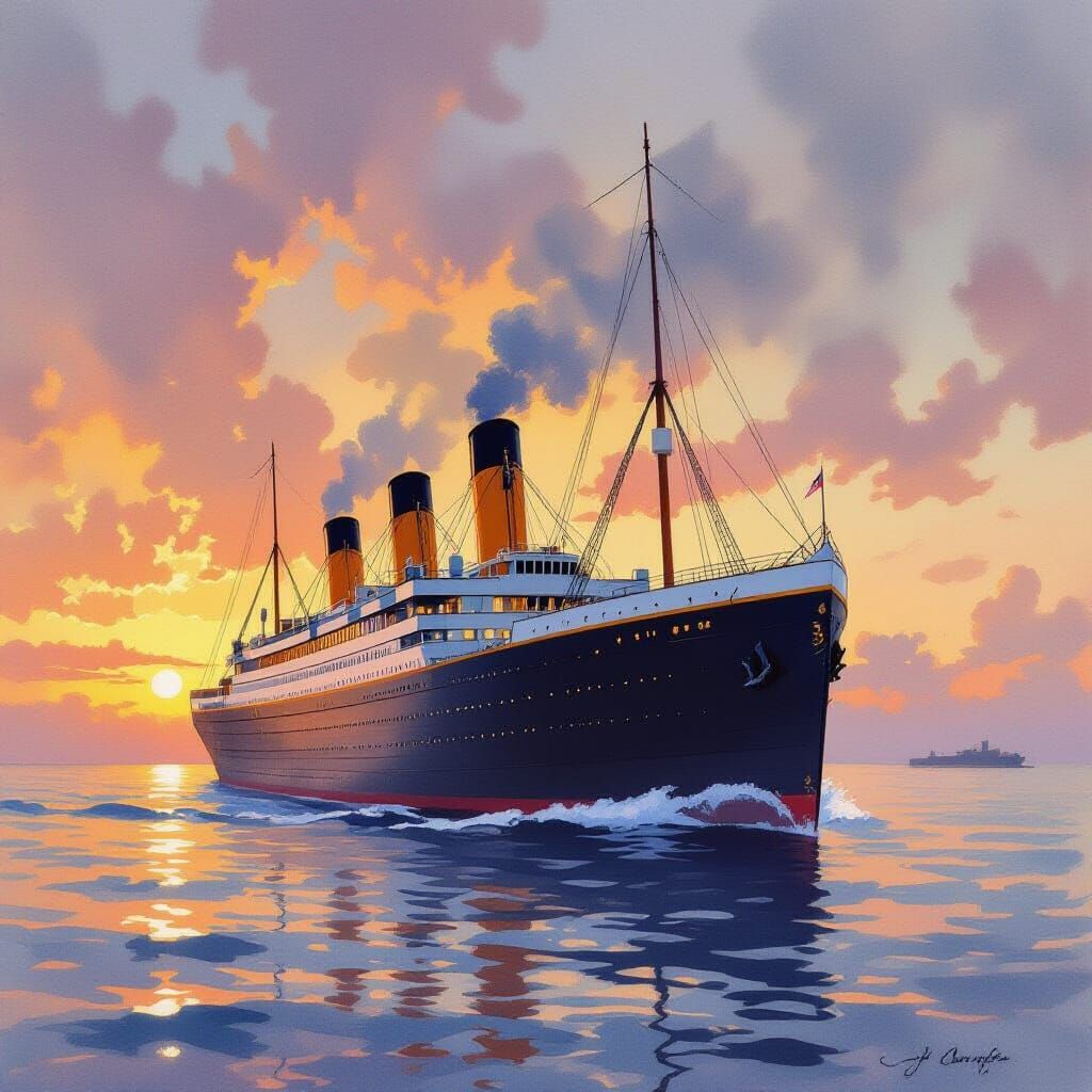 Titanic at Sunset: Watercolor Painting in Atmospheric Style