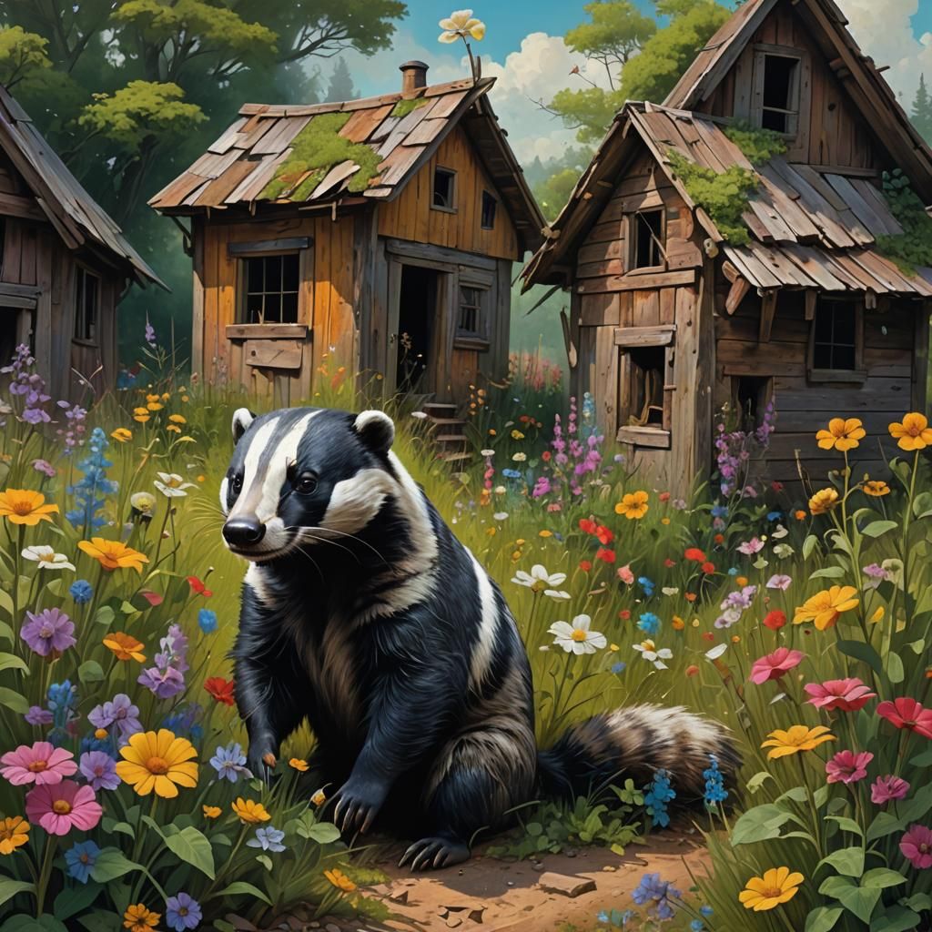 Cute Badger and Shack in Detailed, Vivid Style