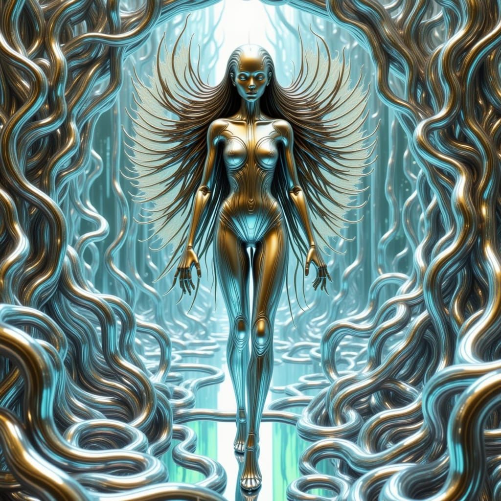 Ferrofluid Android Mecha Fairy in 4D Tesseract Landscape