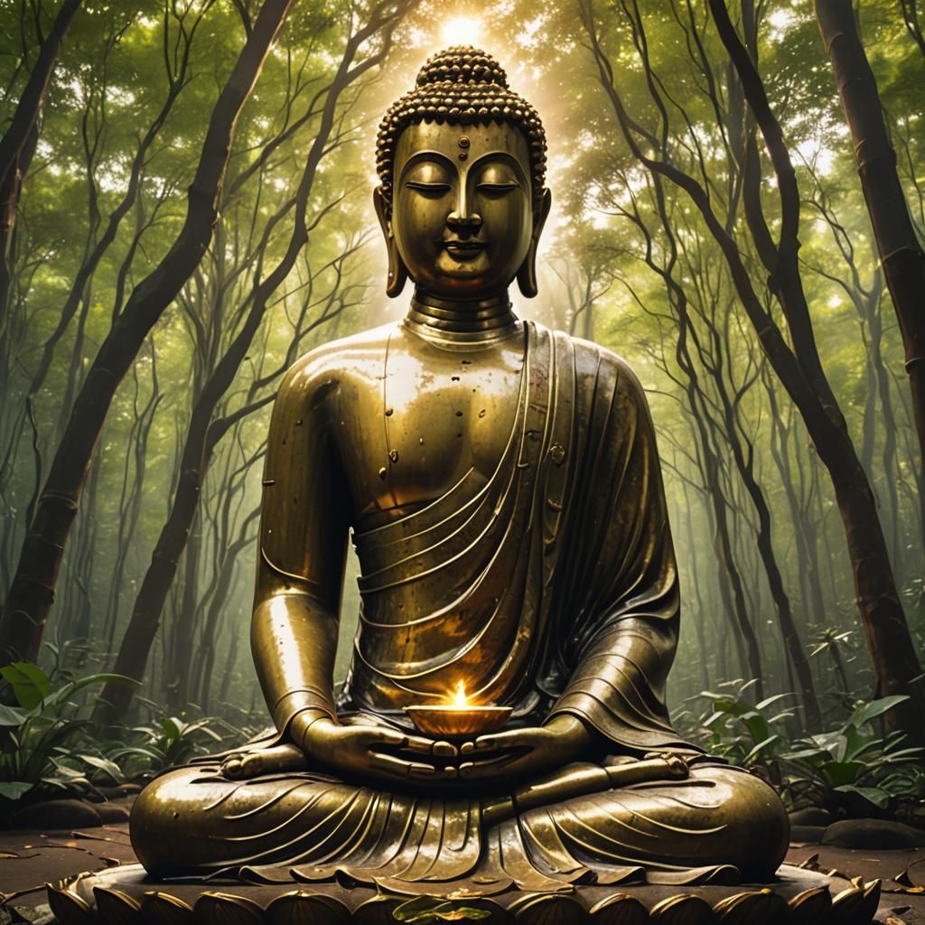 Serene Buddha Statue in Forest with Golden Aura
