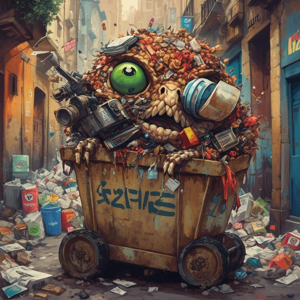 Colorful Fluffy Creatures Scavenging Through Garbage