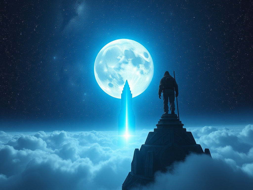 Dreamy Dark Fantasy Worker Ascends Celestial Spire