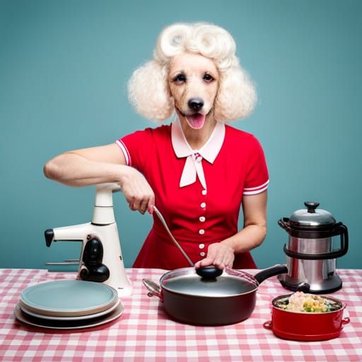 Poodle as 1950s Housewife Serving Dinner