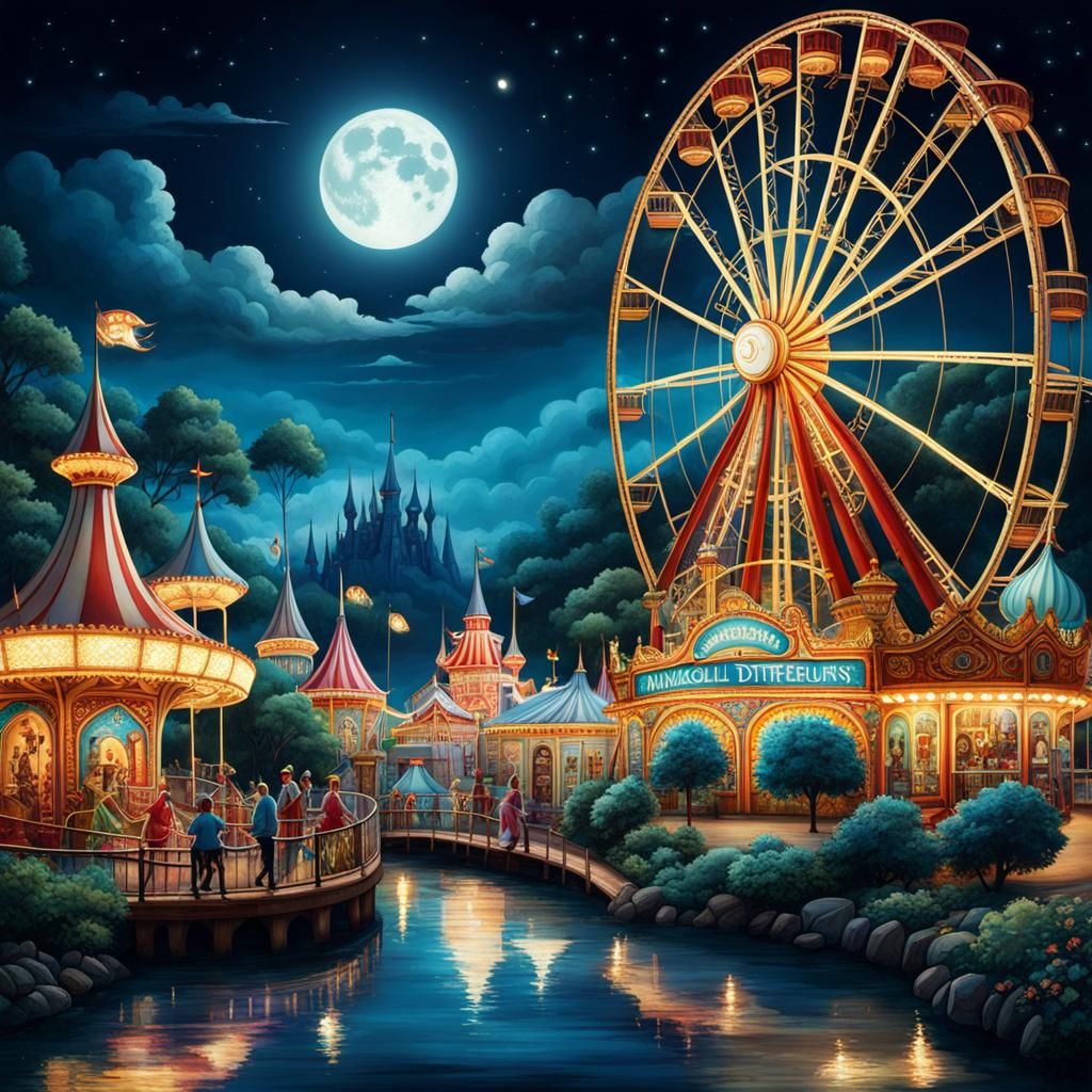 Joyful Animated Amusement Park in Moonlight