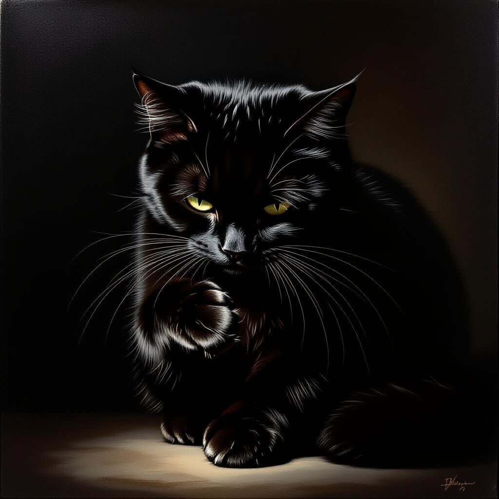 Colossal Black Cat Grooming in Dramatic Spotlight