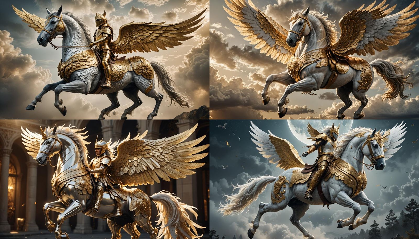 Armored Pegasus: Hyperrealistic Flying Horse in Gold