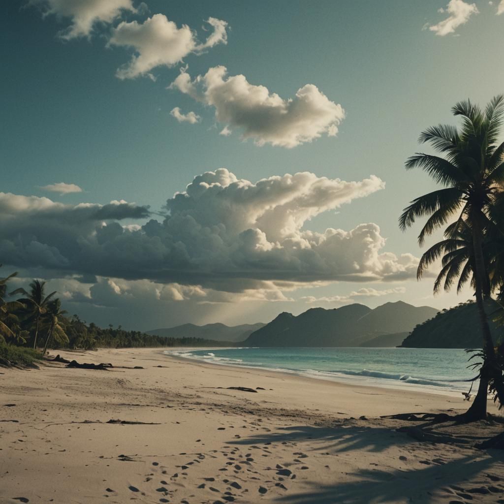 Cinematic Paradise Scene with Film Grain Effect