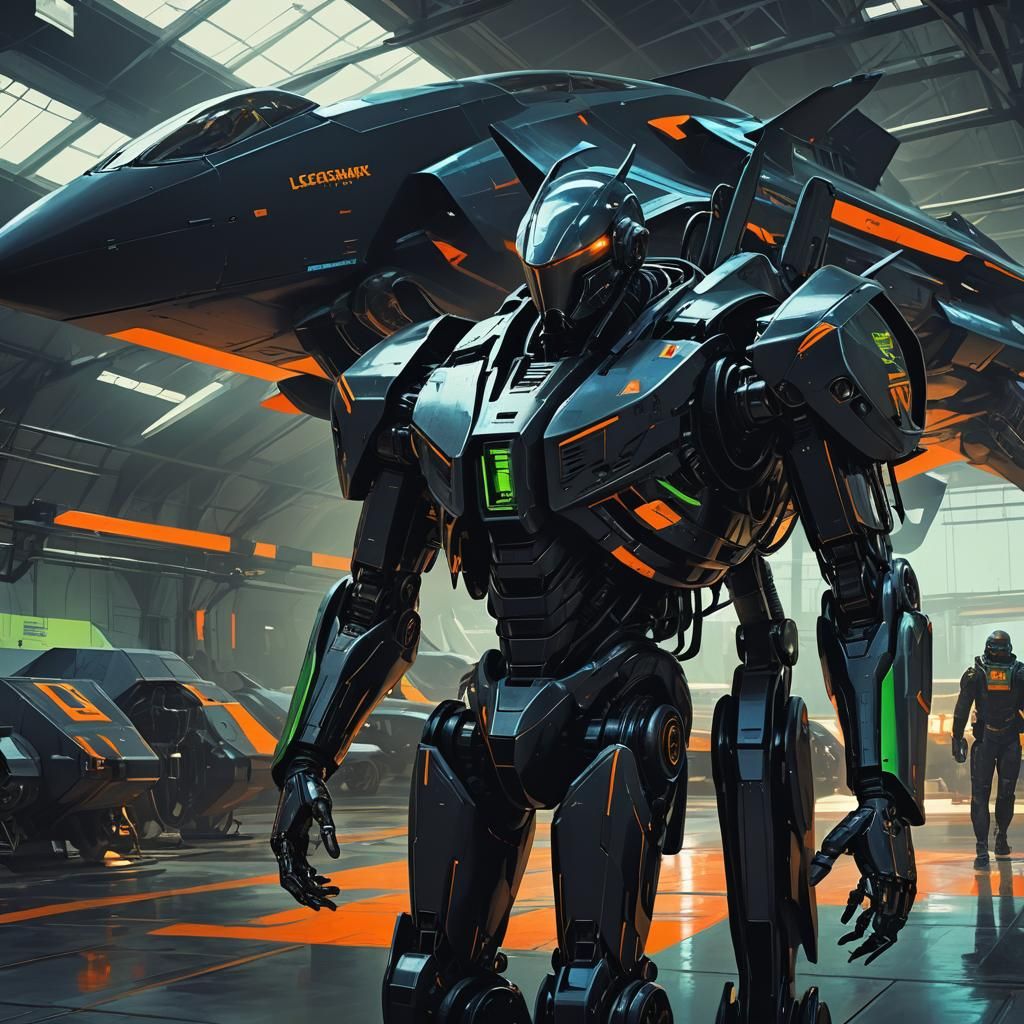 Cyberpunk Exoskeleton in Dimly Lit Hangar