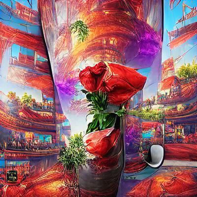 Red Rose Flowers in Vase: 3D Psychedelic Art