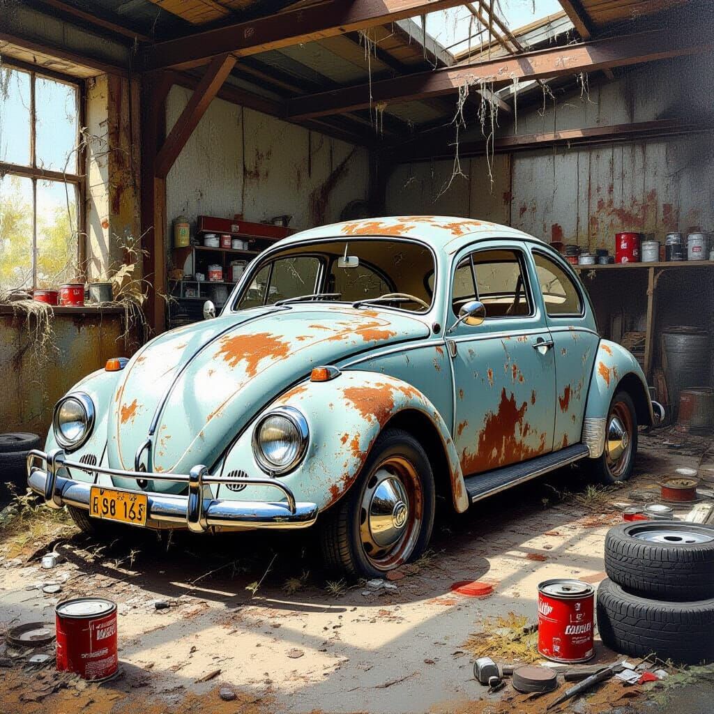 Rusted Karmann Ghia in Abandoned Workshop Oil Painting