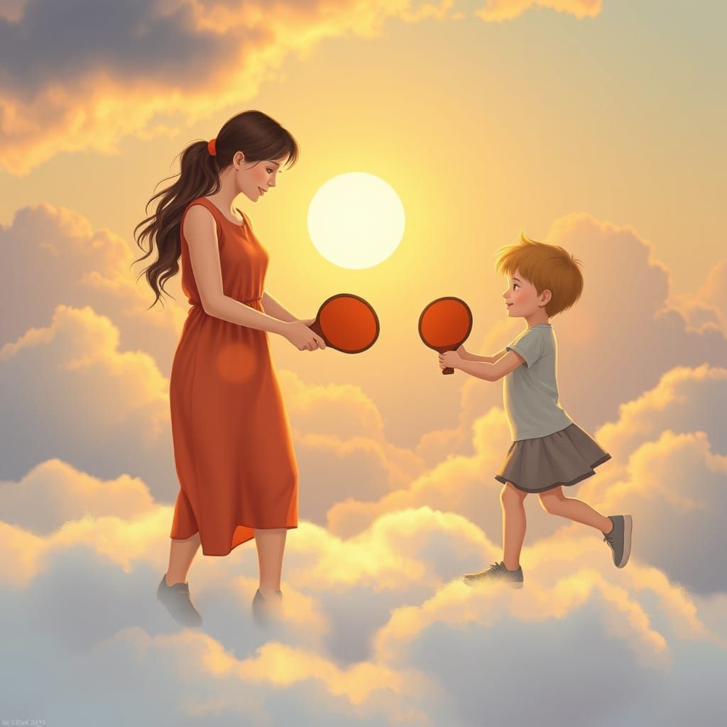 Mother and Child Playing Pickleball on a Cloudy Day