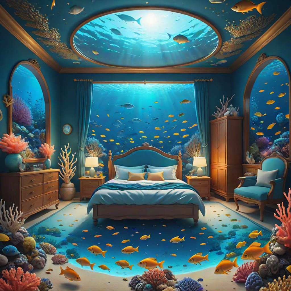 Underwater Bedroom in Ocean with Fish: Surreal Digital Art
