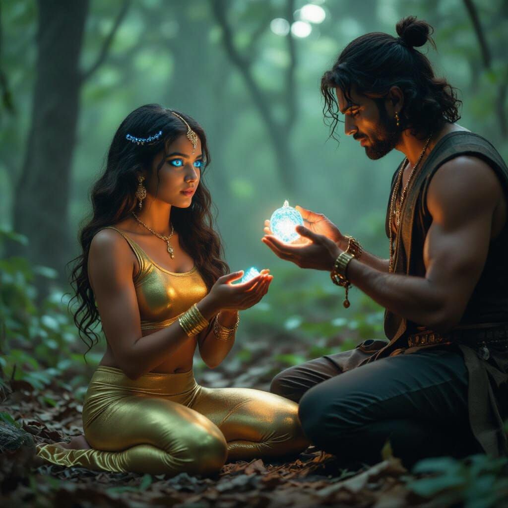 Mystical Forest: Girl Hypnotized by Glowing Crystal