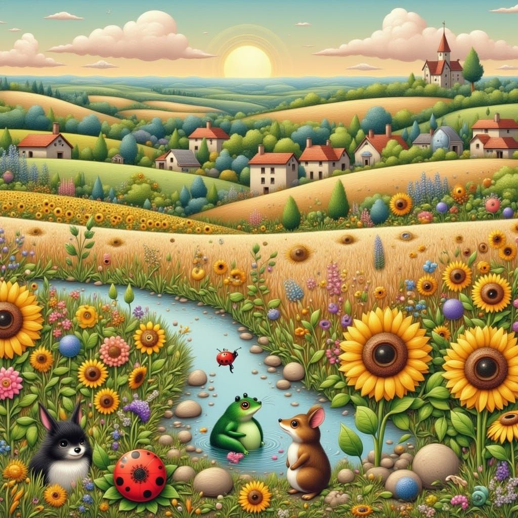 Frog, Mouse, and Ladybug in Rural Landscape