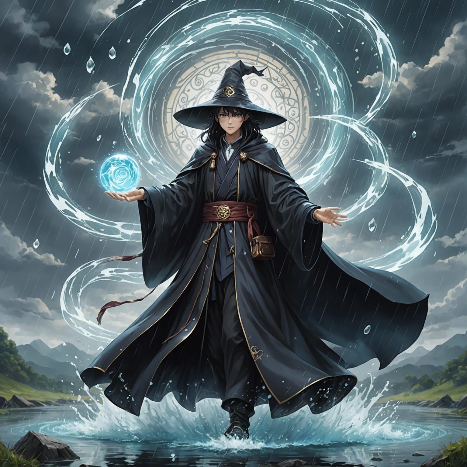 Rain Wizard Creates Magic Barrier in Anime Style