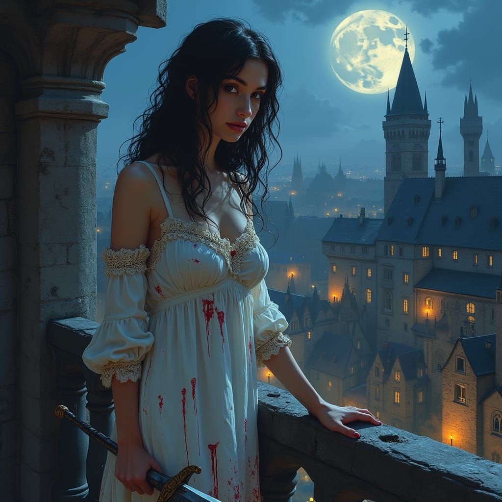 Medieval Woman with Sword on Gothic Balcony