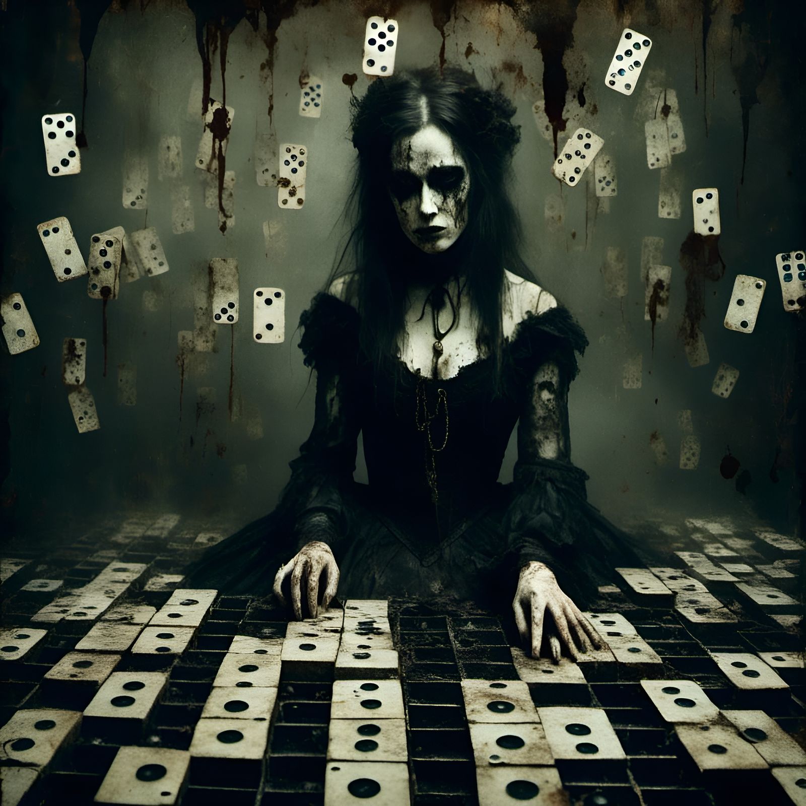 Gothic Woman Plays Dominoes in Dark Academia Style