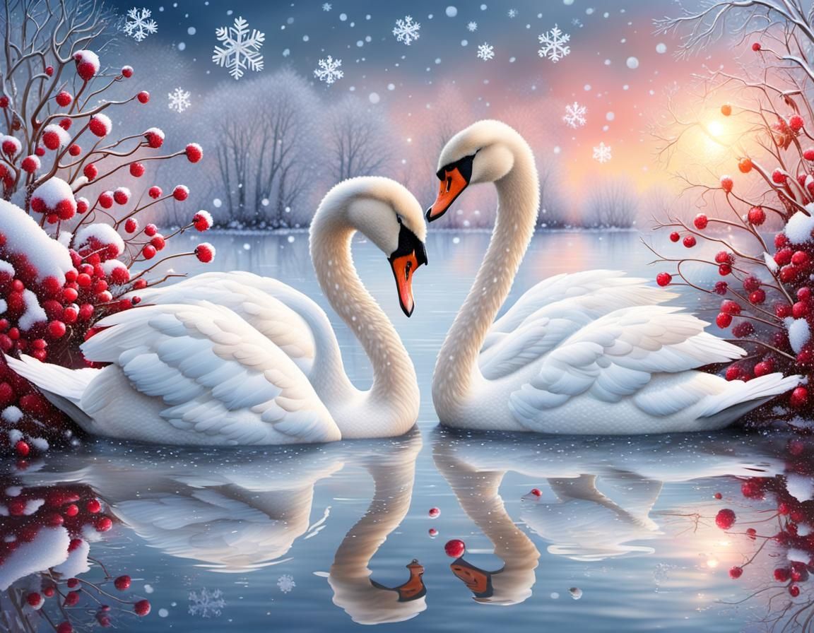 Swans in Reflective Pond at Sunrise