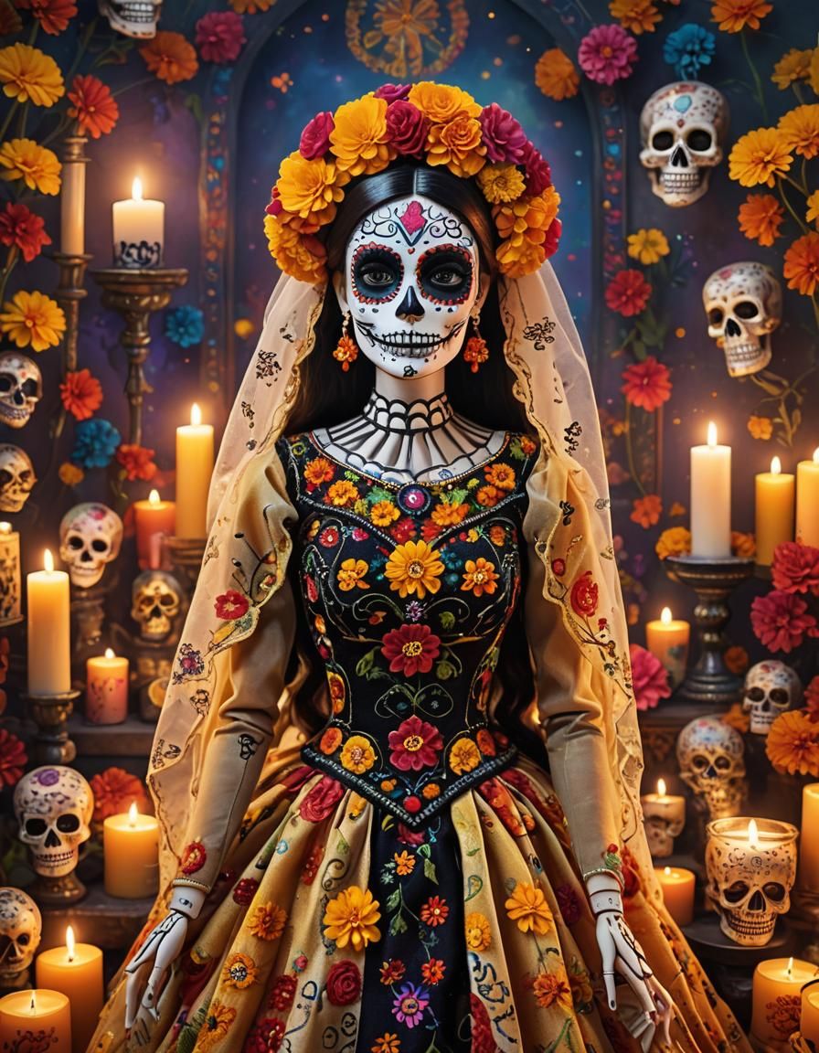 Glamorous Day of the Dead Barbie Doll in Folk Art Style