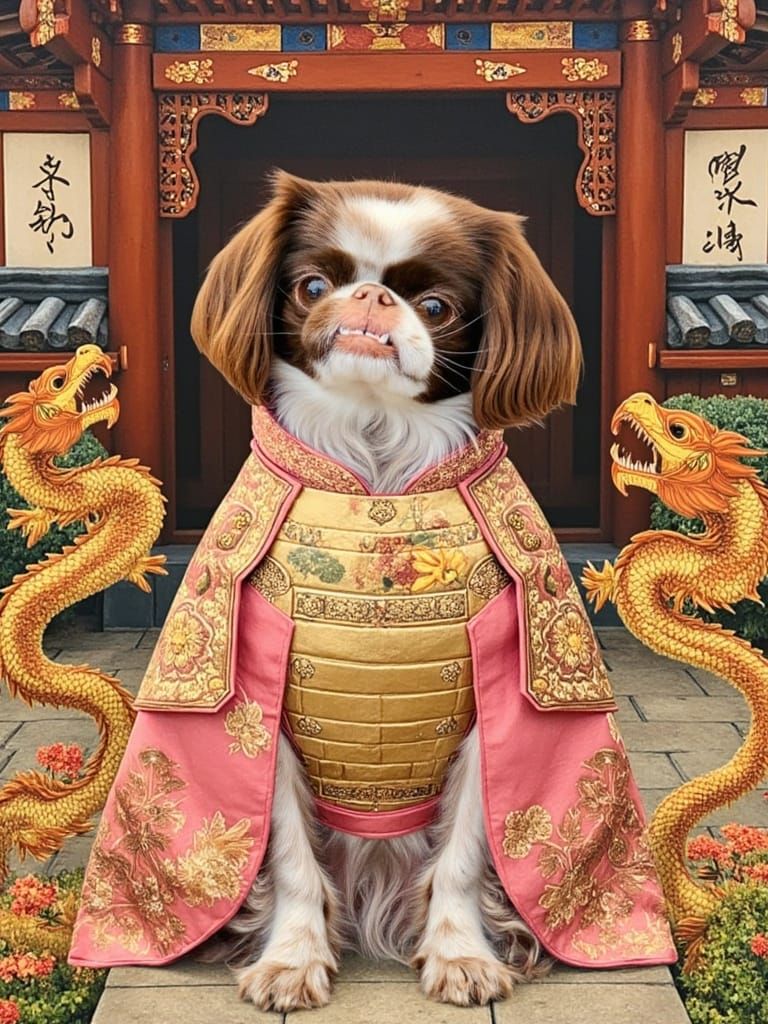 Japanese Chin Dog in Regal Temple Setting, Traditional Asian...