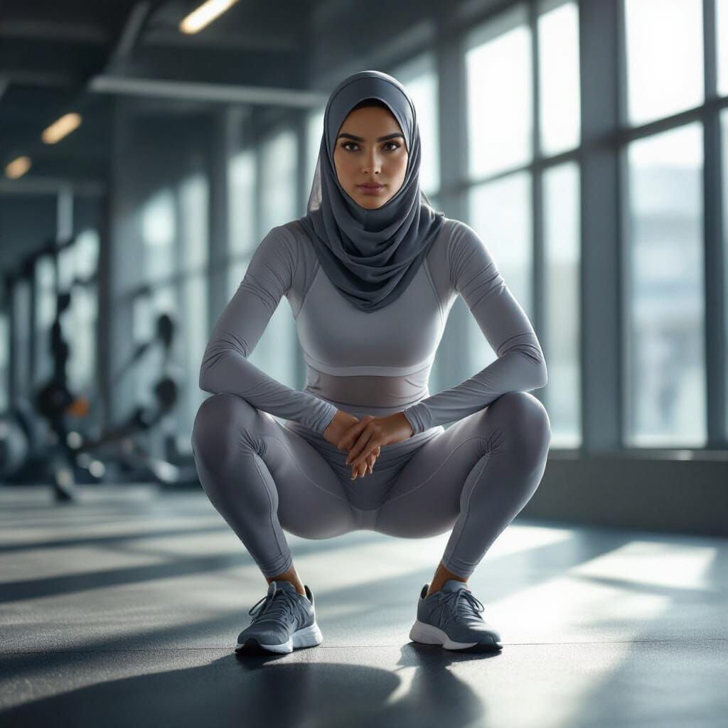 Woman in Athletic Hijab and Bodysuit Performing Squats in Gy...