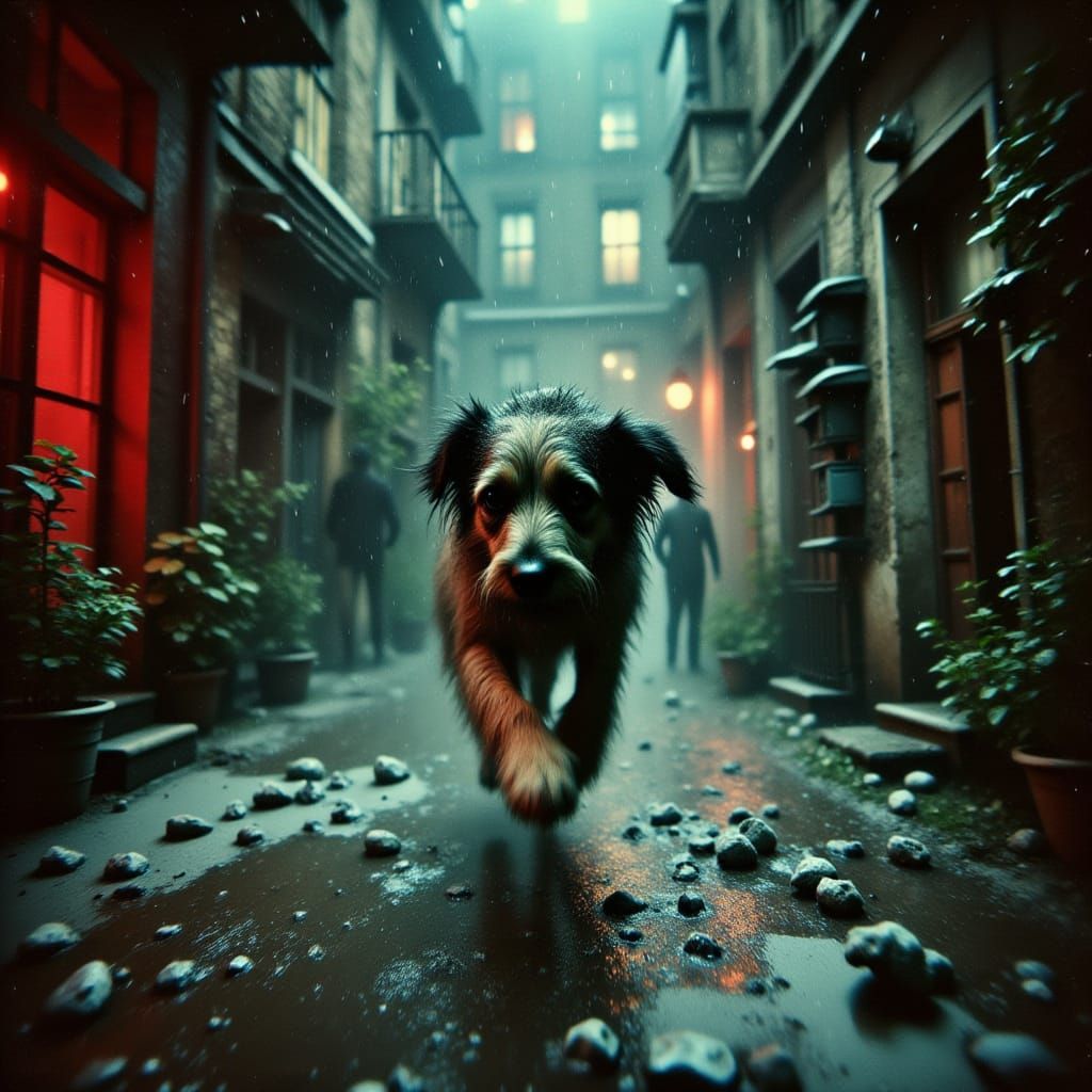 Drenched Dog Runs in Rainy Alley