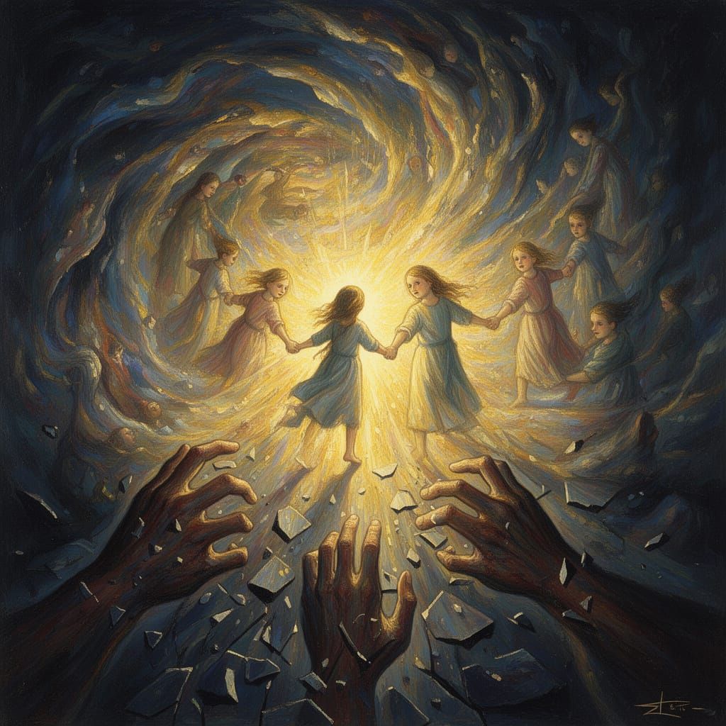 Hopeful Children Repel Shattered Hands in Light Vortex