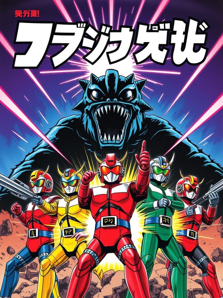 Retro Manga Heroes vs Giant Monster