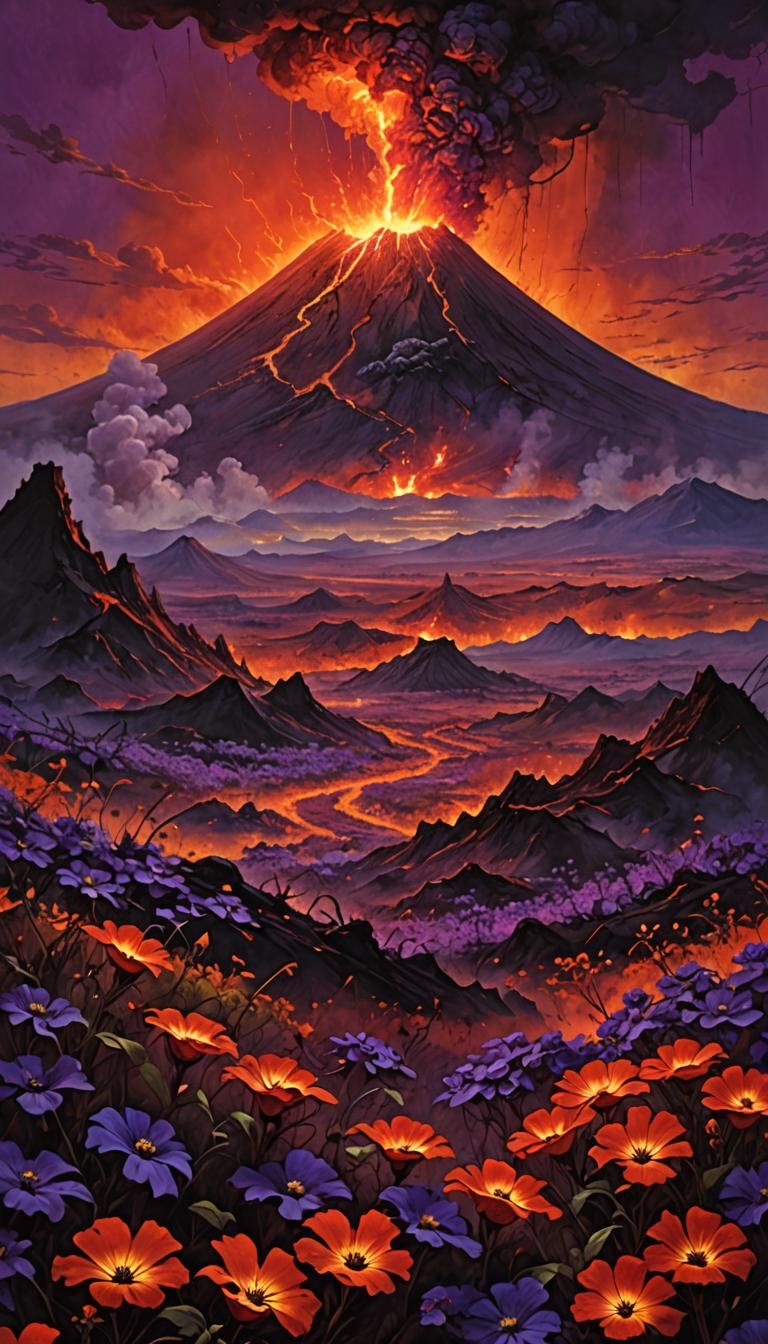 Volcano Eruption Amidst Purple Flowers in Surreal Style