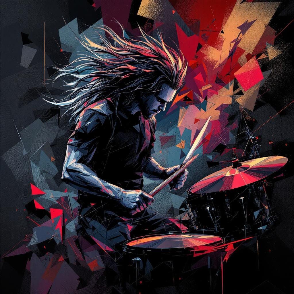 Cubist Heavy Metal Drummer in Concert