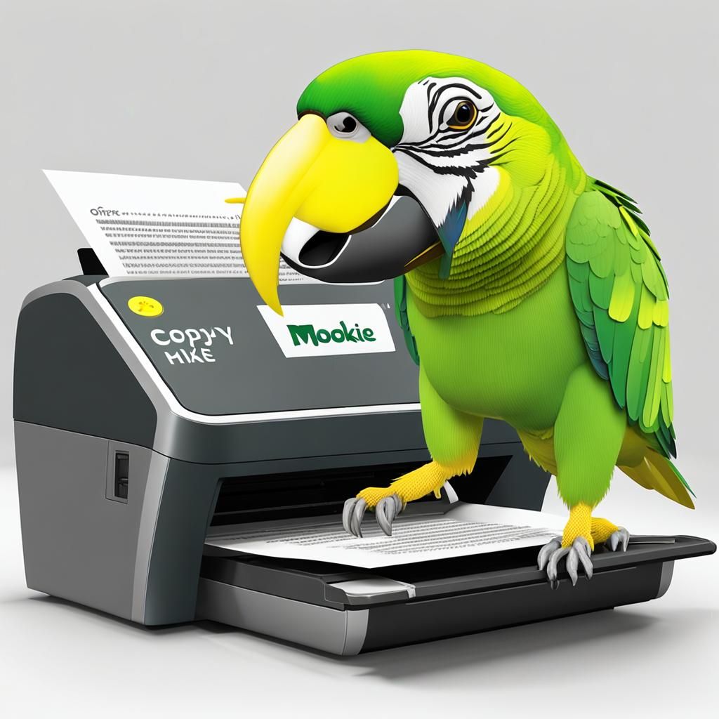 Quaker Parrot Prints "Copy Mookie" in Office