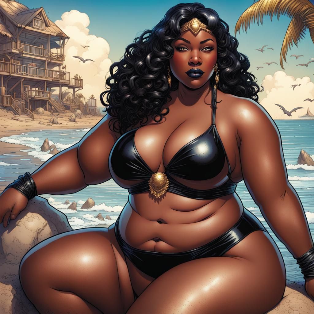 Goth Girl on Beach, Comic Book Style Art