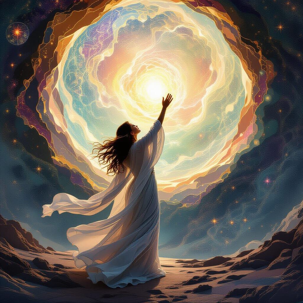 Astral Figure Touches the Sky in Holographic Illustration