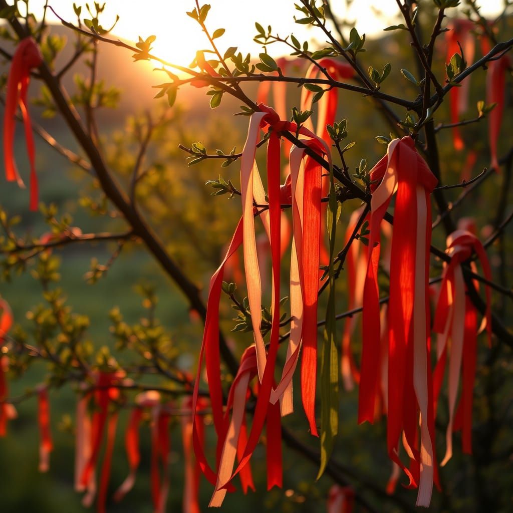 Beltane Ribbons on Mountain Ash Trees