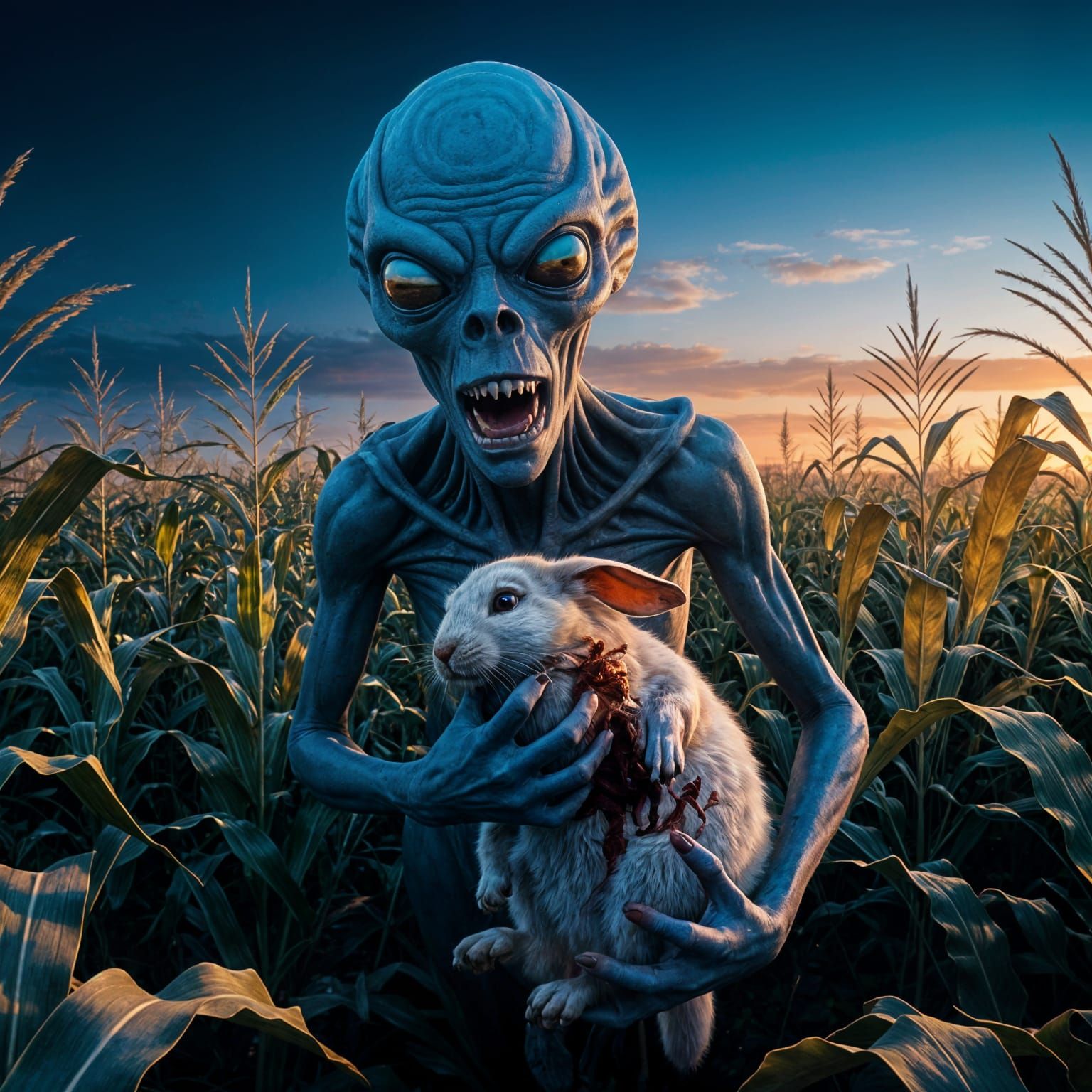 Ethereal Alien Emerges from Kansas Cornfield in Dawn's Golde...