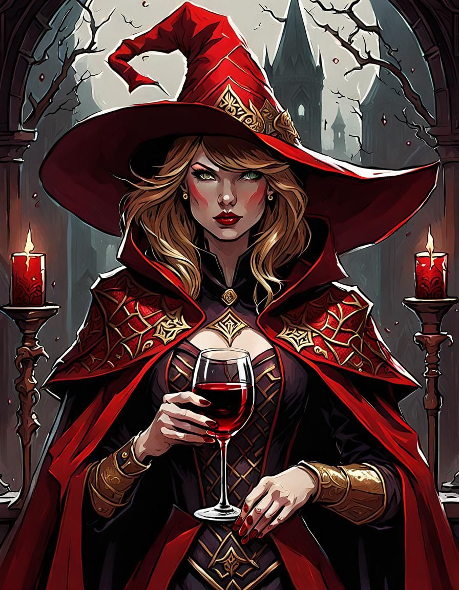 Taylor Swift as a Blood Mage in Dark Fantasy Style