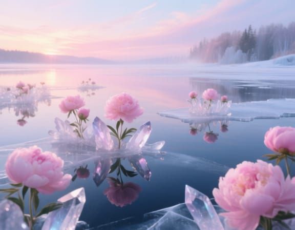 Crystal Peony Garden on Frozen Lake at Sunrise